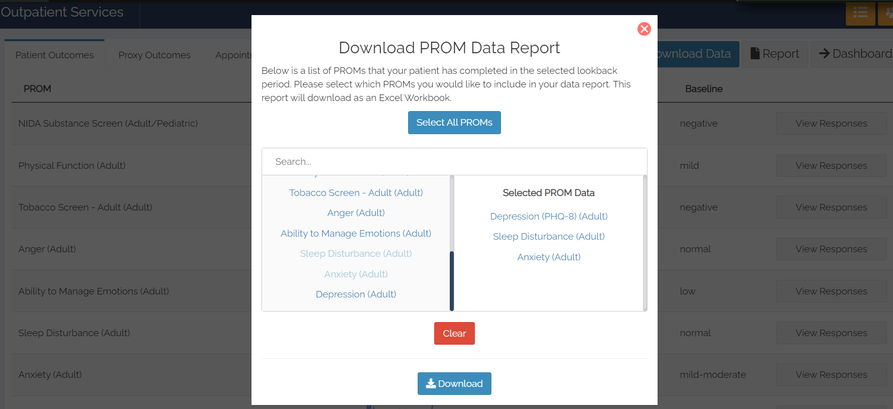 PROM selection for the PROM data download