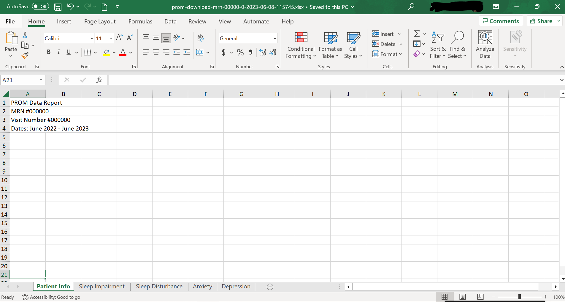 Excel file for the PROM data download displaying the patient's MRN and the lookback period