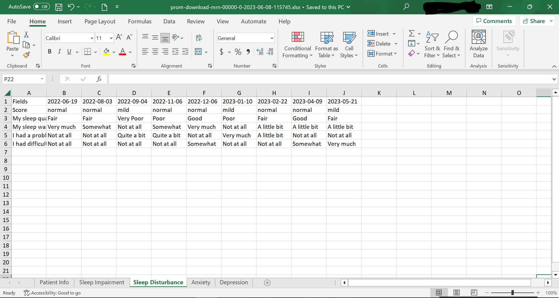 Excel file for the PROM data download displaying the PROM scores over time