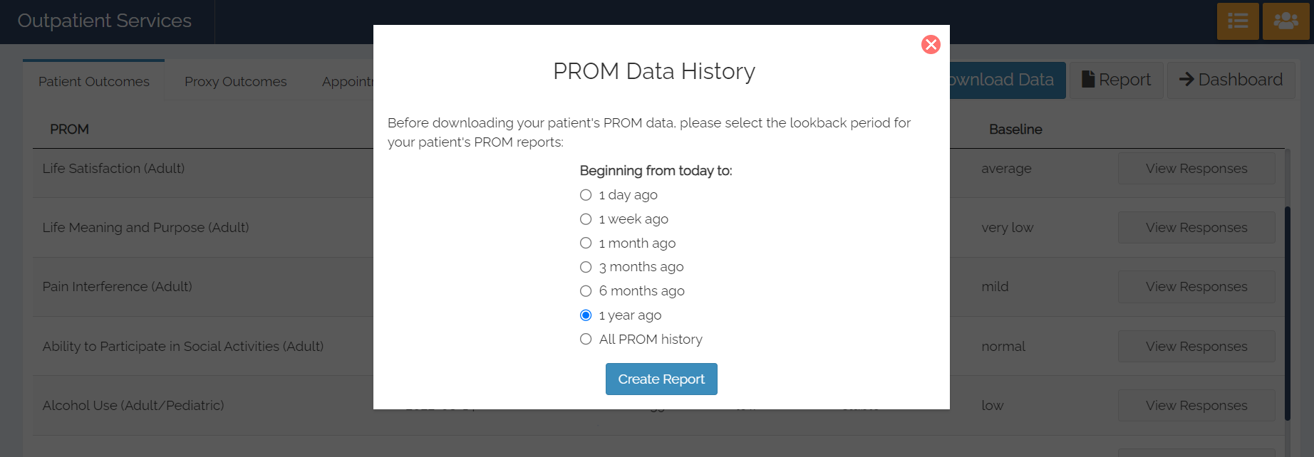 PROM data history selection for the PROM data download