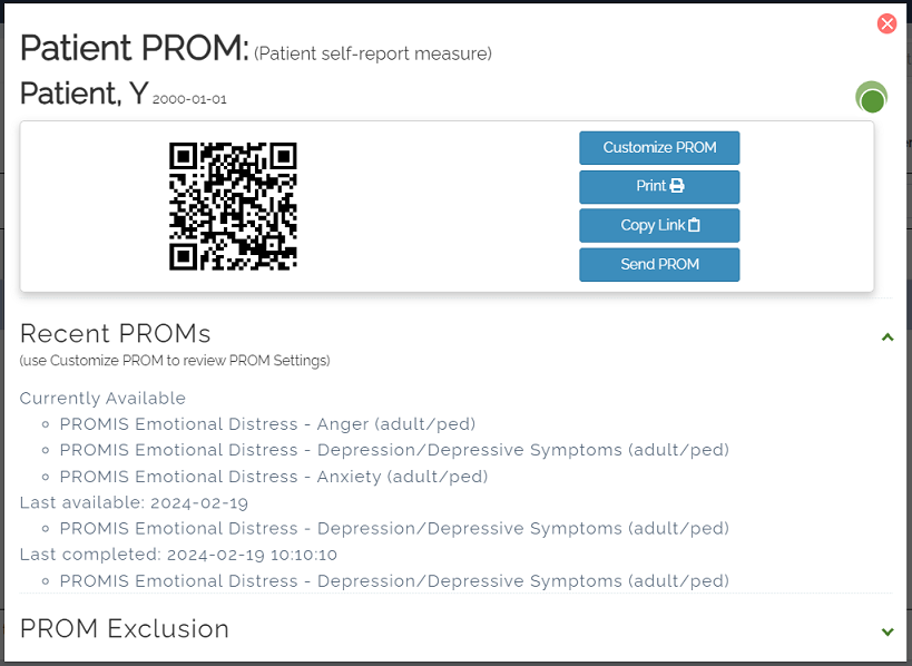 Recent PROMs expanded to show currently available, last available, and last completed