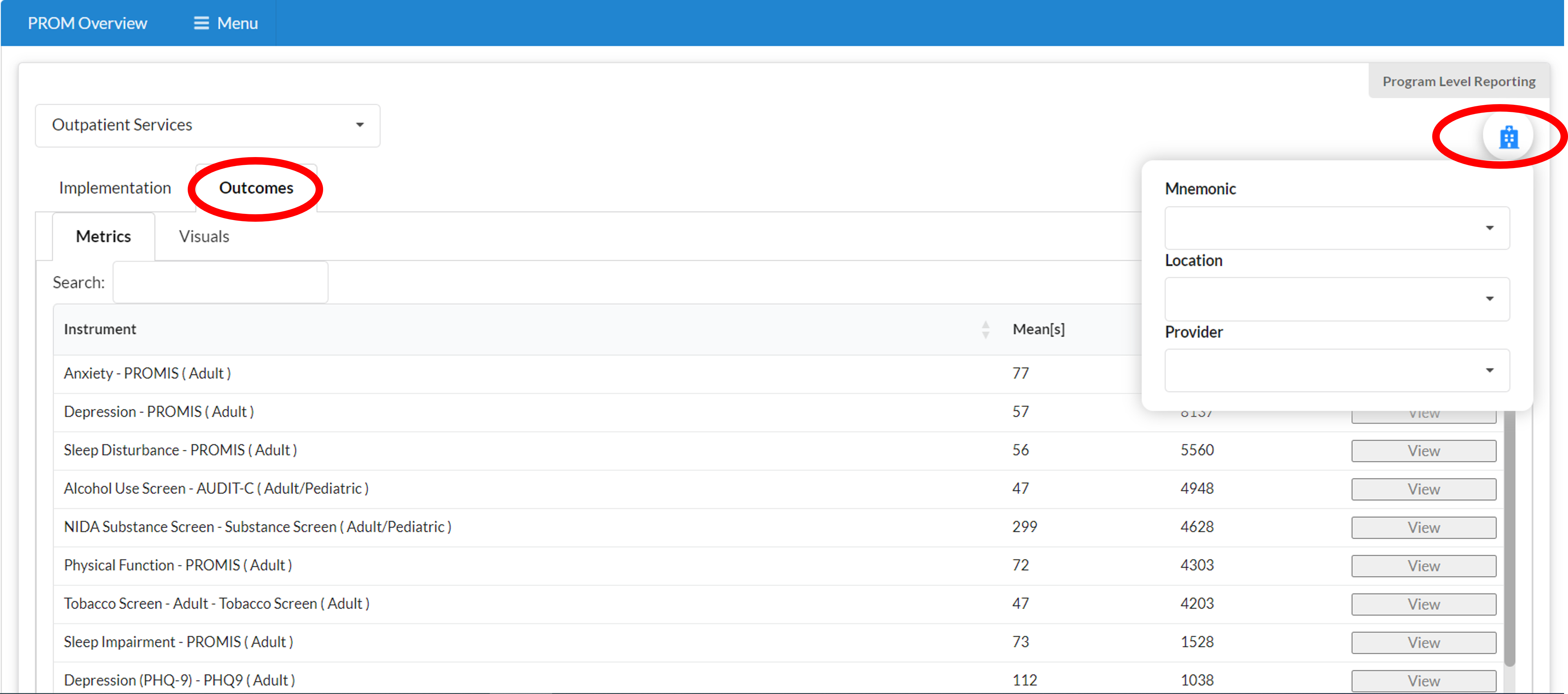 PROM Overview outcomes mnemonic, location, provider filter