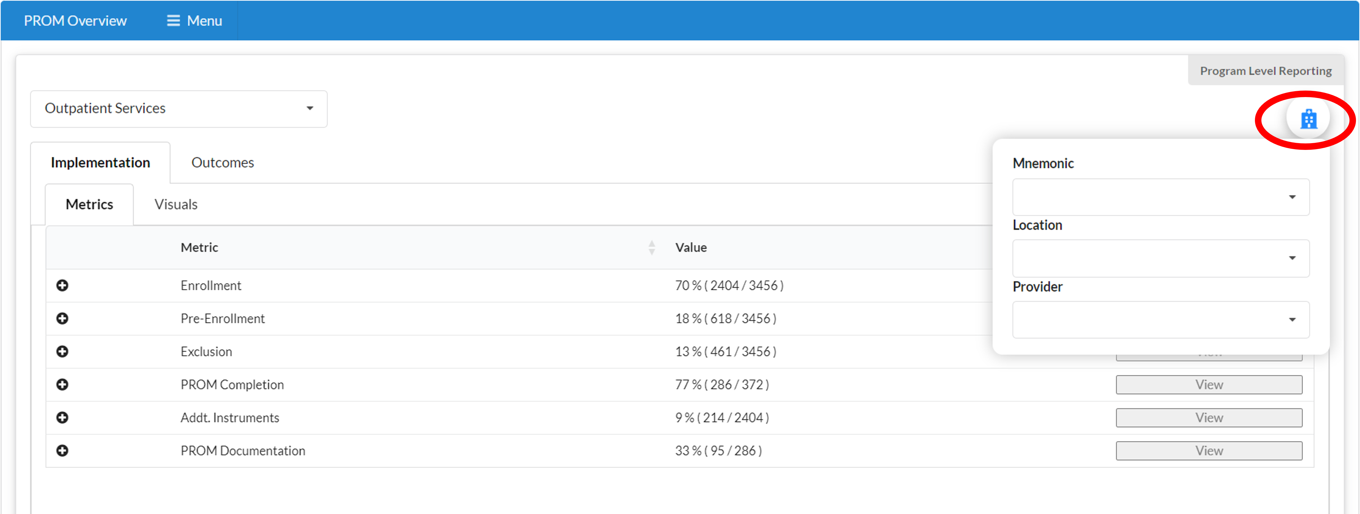 PROM Overview mnemonic, location, and provider filter