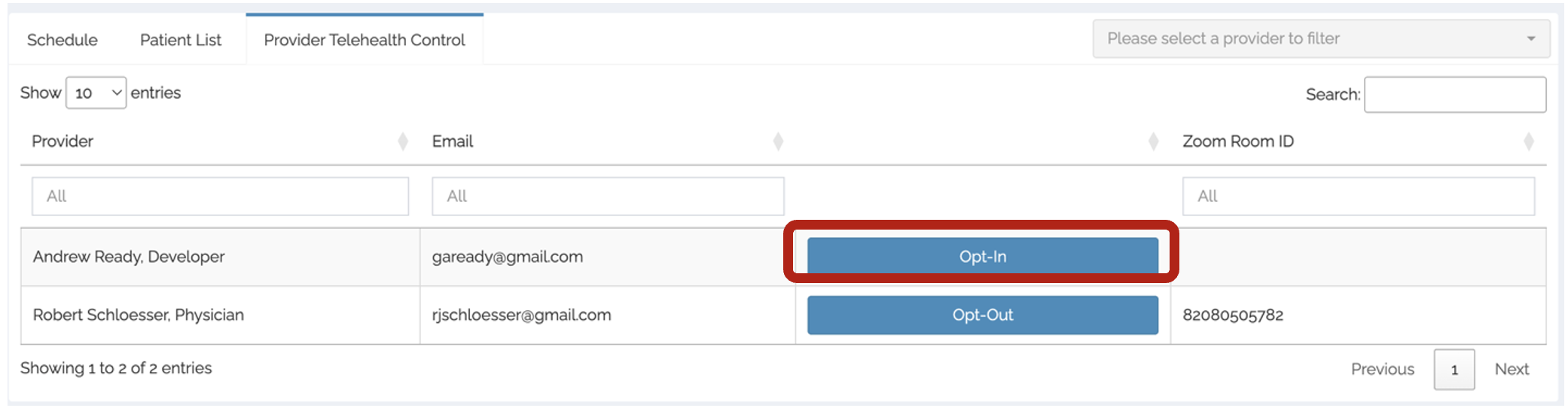Provider Telehealth Control dashboard tab displays opt-in option. 