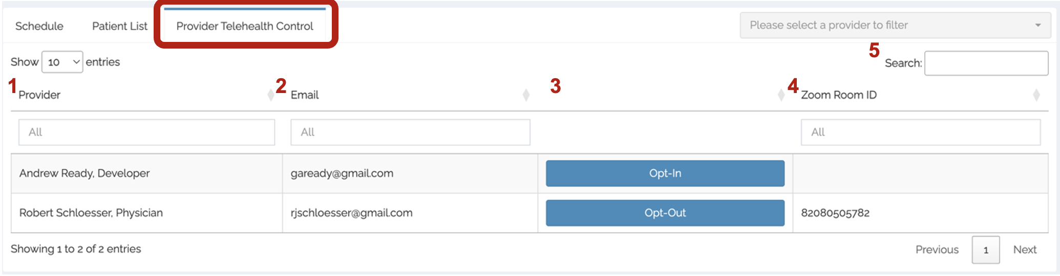 Provider Telehealth Control dashboard tab is displayed. 
