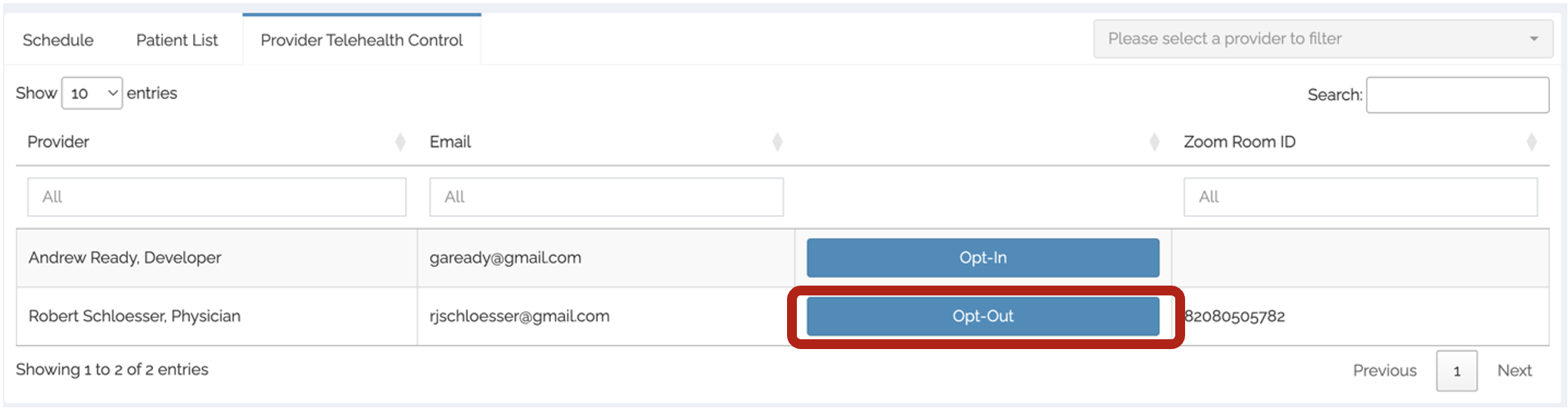 Provider Telehealth Control dashboard tab displays opt-out option. 