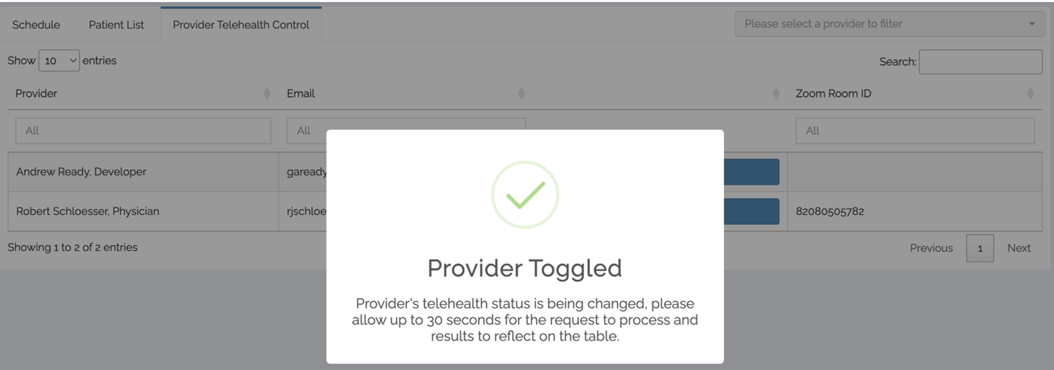 Provider Telehealth Control dashboard tab displays toggled to demonstrate new provider's status.. 