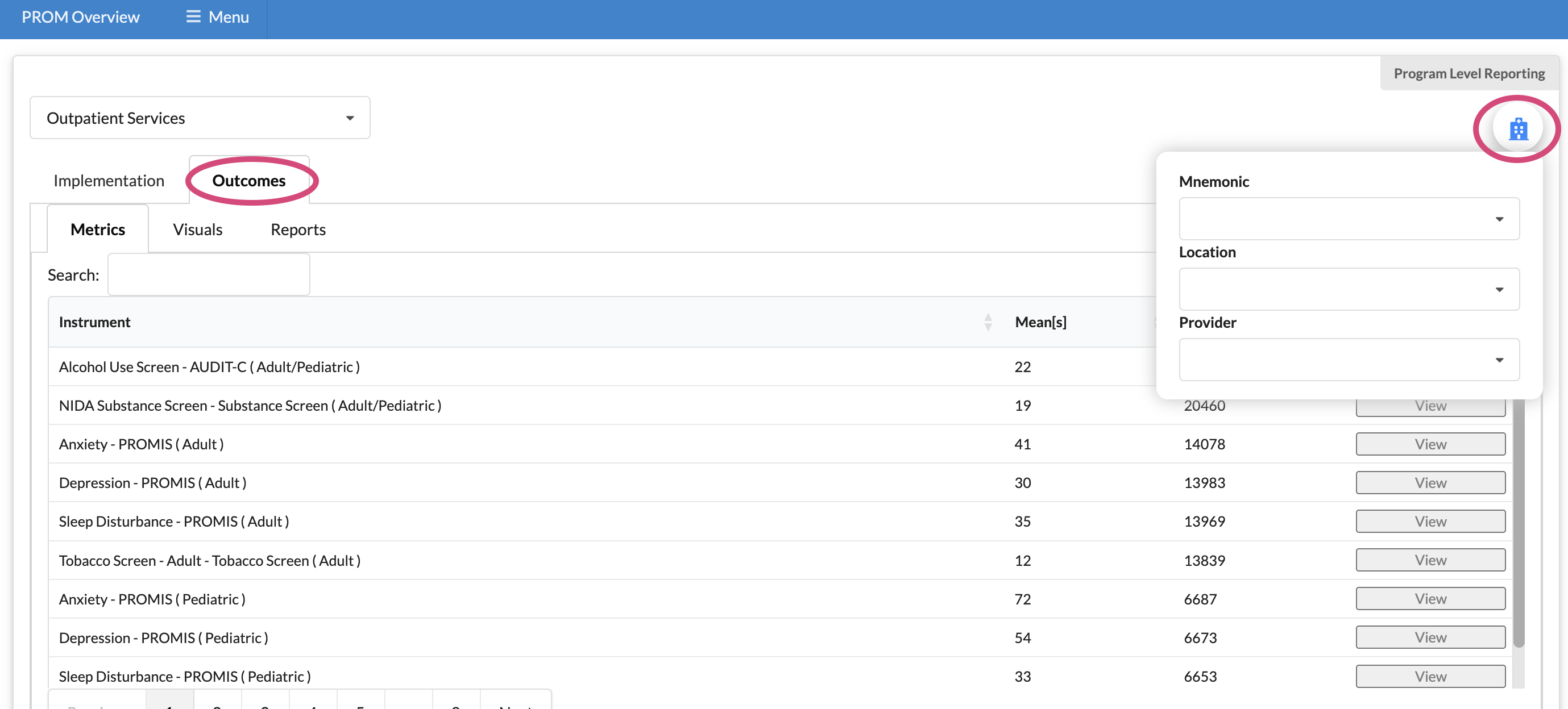 Outcomes program filter on PROM Overview