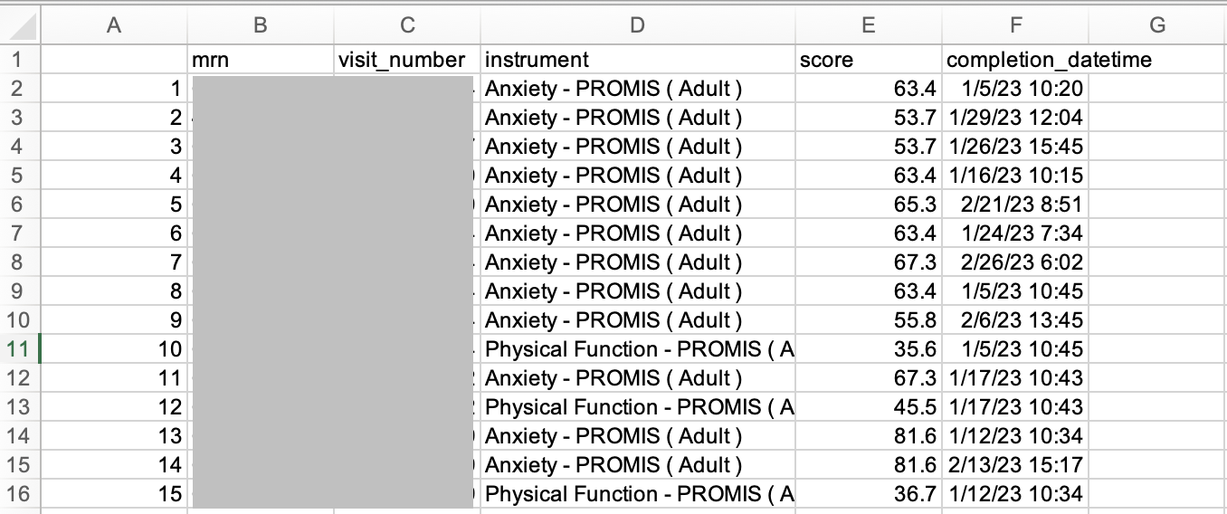 Outcomes report in excel